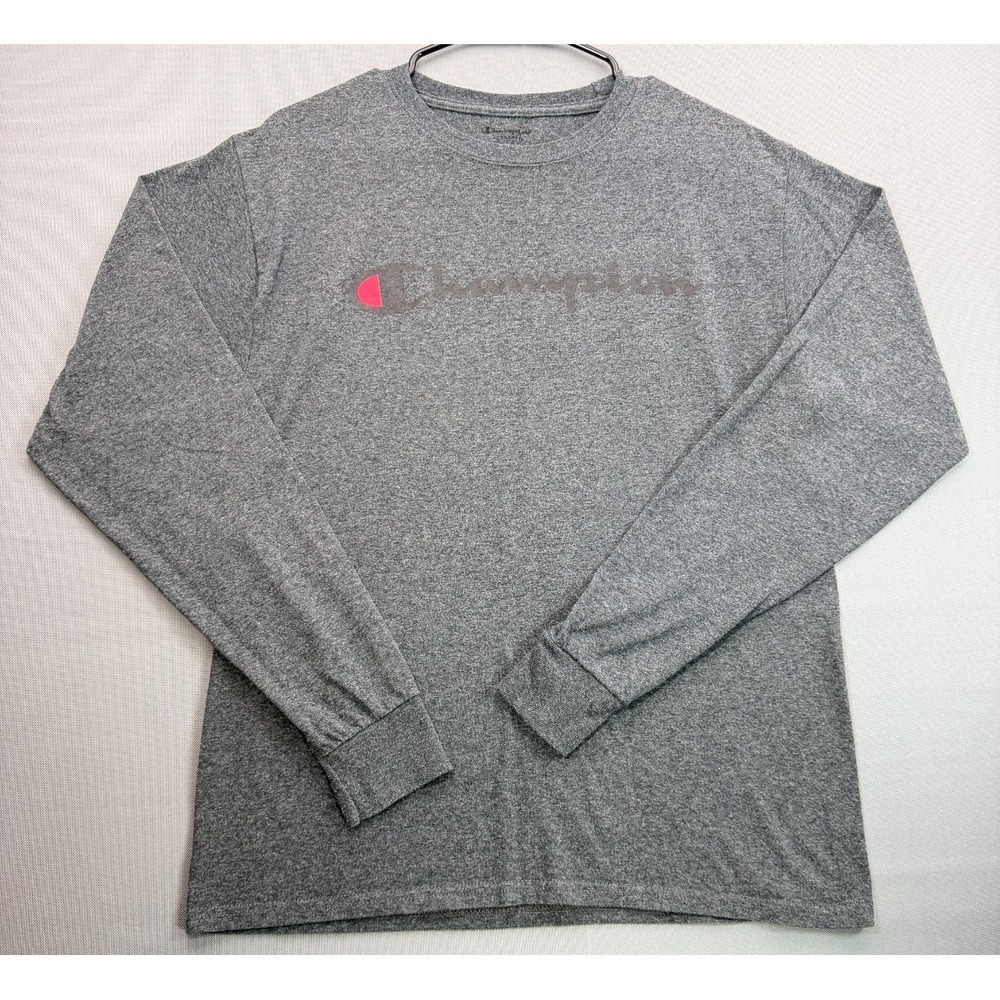 Champion Long Sleeve Shirt Medium Gray Graphic Script Logo Crew Neck Top